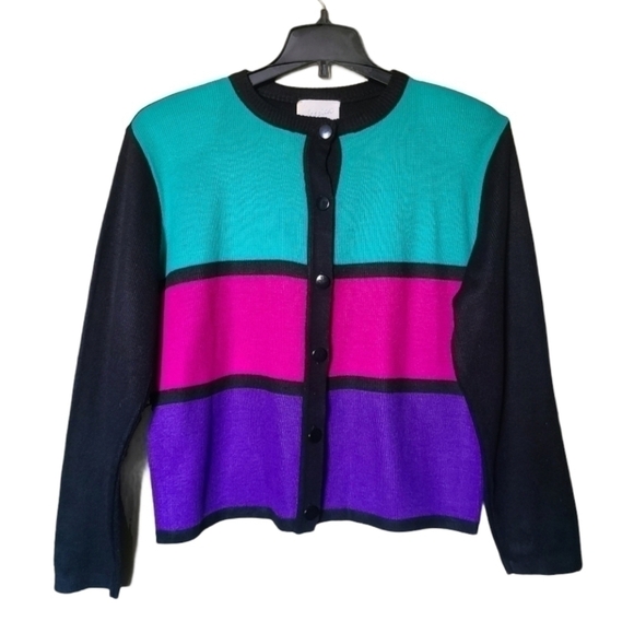 L - Jessica | 80s Colourblock Button Up Cardigan - Picture 1 of 6